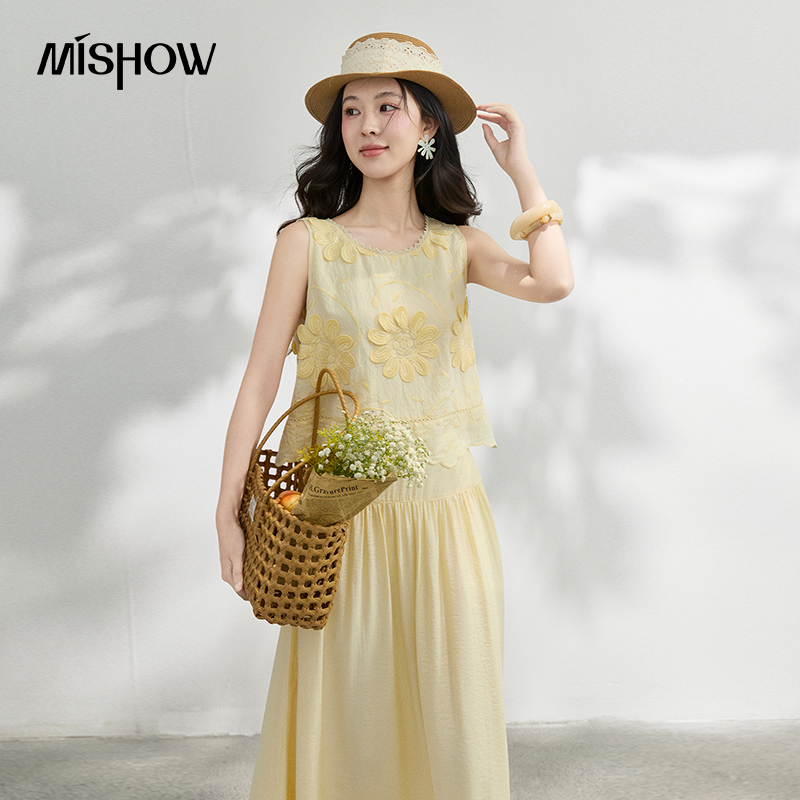 Midi Skirt Floral - MISHOW フレンチフローラル刺繍ブラウスソリッドスカートセット夏ノースリーブタンクトップハイウエストミディスカート休暇セット MXF25T1627
