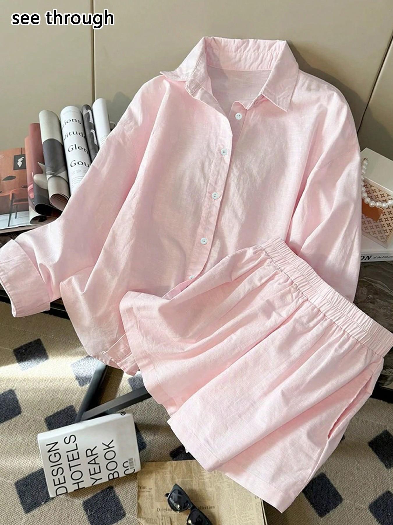 Blouse Off Shoulder - レディースルーズフィットカラーカーディガン、伸縮性ウエストショートパンツセット、カジュアルなゆったりスタイル、肩丈袖シャツ、ハイウエストワイドレッグパンツ