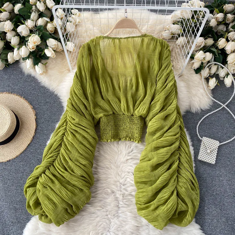 Blouse Off Shoulder - 女性用ランタンスリーブブラウス,Vネックシャツ,韓国のシックでエレガントなプリーツトップ,単色,ファッション