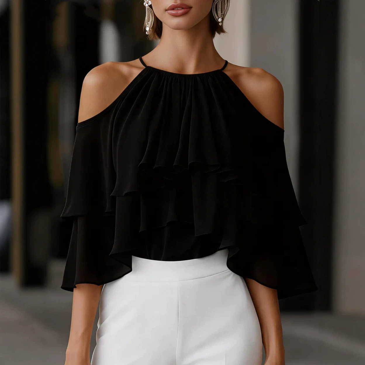 Blouse Off Shoulder - 女性用コールドショルダーホルターブラウス、フリルレイヤードシフォントップス、カジュアルパーティーシャツ