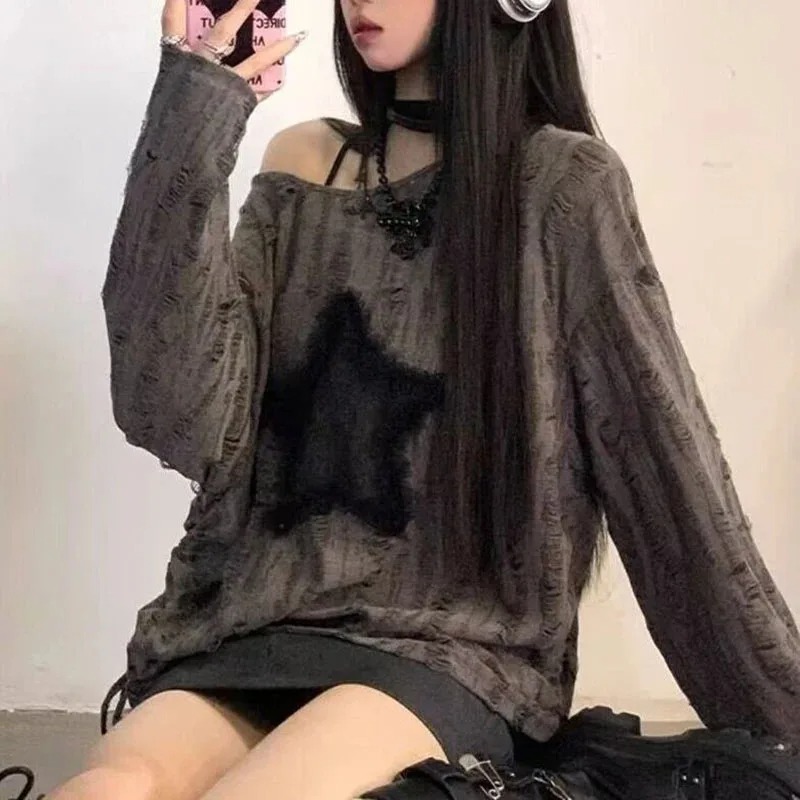 Blouse Off Shoulder - Y2K ホールスタープリント Tシャツ女性ファッションストリートオフショルダートップス夏特大 Kpop 長袖ルーズ Tシャツレディース新