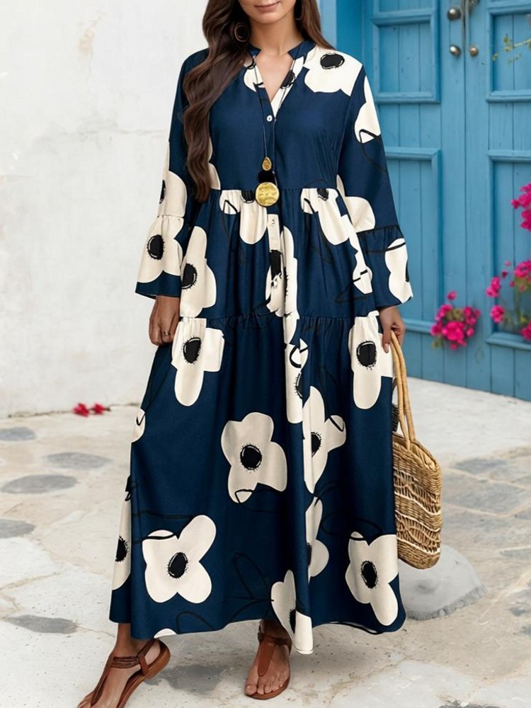 Midi Skirt Floral - XL-4XL プラスサイズの服ドレス女性秋冬ローブ長袖ストリートスタイルカジュアル 3XL ビッグサイズミディドレス特大