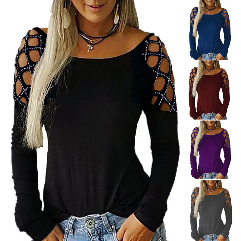 Blouse Off Shoulder - 女性用オフショルダー長袖Tシャツ ラインストーン付き ホローアウトカットアウト カジュアル スリムフィット パーティーブラウストップ