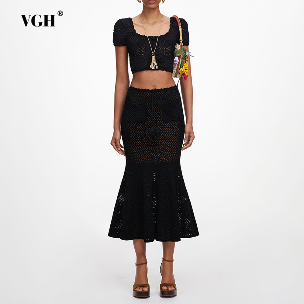 VGH ブラック 3D 花柄 ホローニット ツーピースセット - Crop Top Crochet のレビューと価格