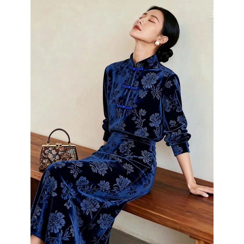 女性用新作チャイナ風ベルベット花柄プリントカエルボタン付きト - Midi Skirt Floral のレビューと価格