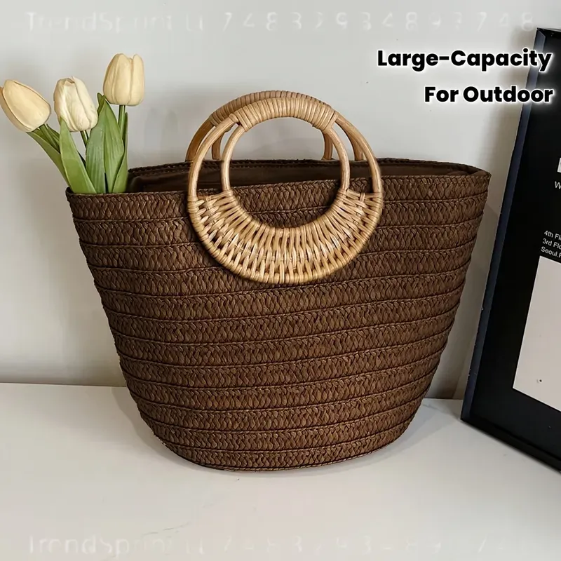女性用夏用紙製トートバッグ 大容量 無地 丸型木製ハンドル  - Tote Bag Beach のレビューと価格