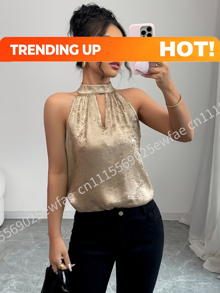 シャンパンゴールデン光沢のある光沢のあるホルターネックオフシ - Blouse Off Shoulder のレビューと価格