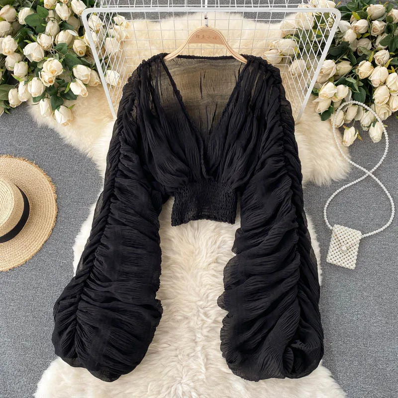 女性用ランタンスリーブブラウス,Vネックシャツ,韓国のシック - Blouse Off Shoulder のレビューと価格