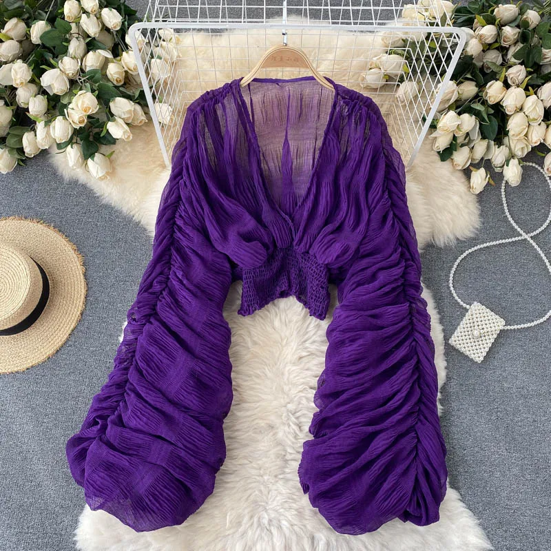 女性用ランタンスリーブブラウス,Vネックシャツ,韓国のシック - Blouse Off Shoulder のレビューと価格