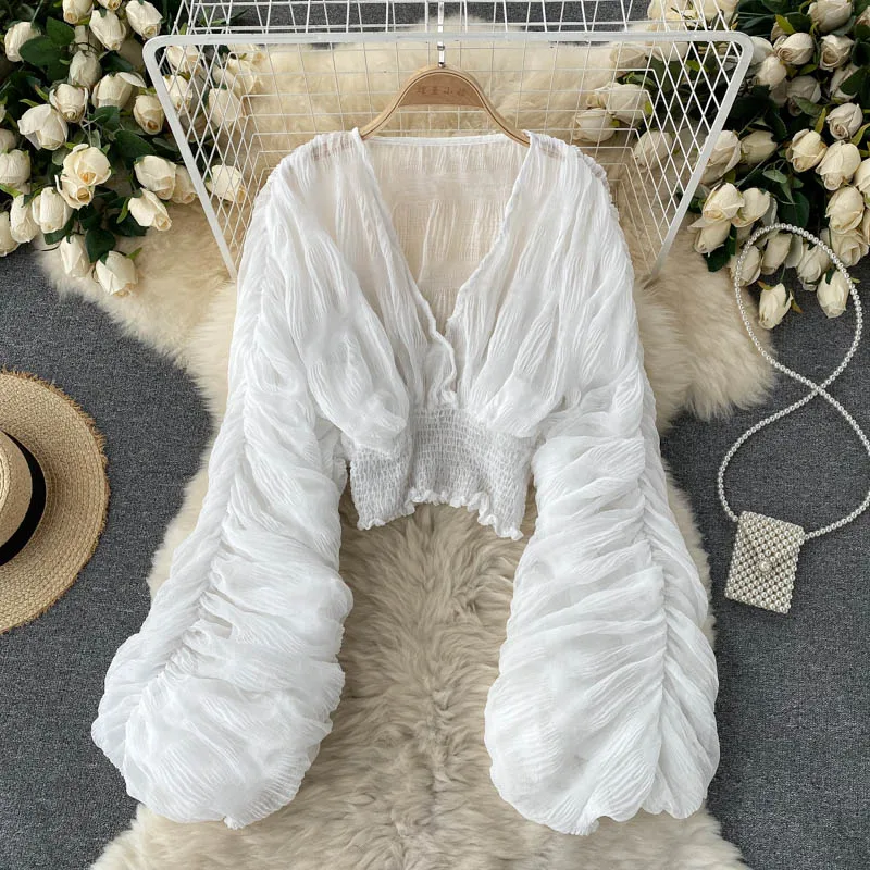 女性用ランタンスリーブブラウス,Vネックシャツ,韓国のシック - Blouse Off Shoulder のレビューと価格