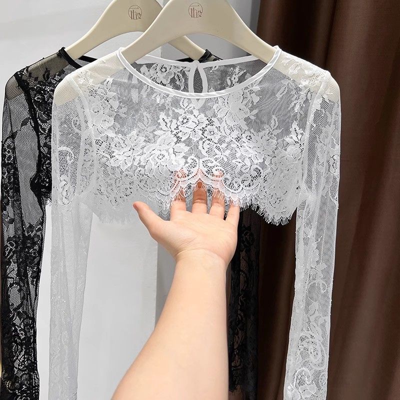 レース長袖ショールクロップトップ女性フレンチレトロアウターウ - Crop Top Crochet のレビューと価格