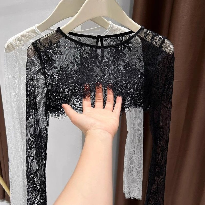 レース長袖ショールクロップトップ女性フレンチレトロアウターウ - Crop Top Crochet のレビューと価格