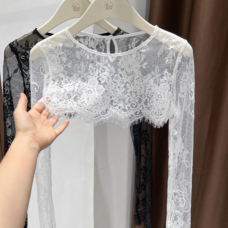 レース長袖ショールクロップトップ女性フレンチレトロアウターウ - Crop Top Crochet のレビューと価格