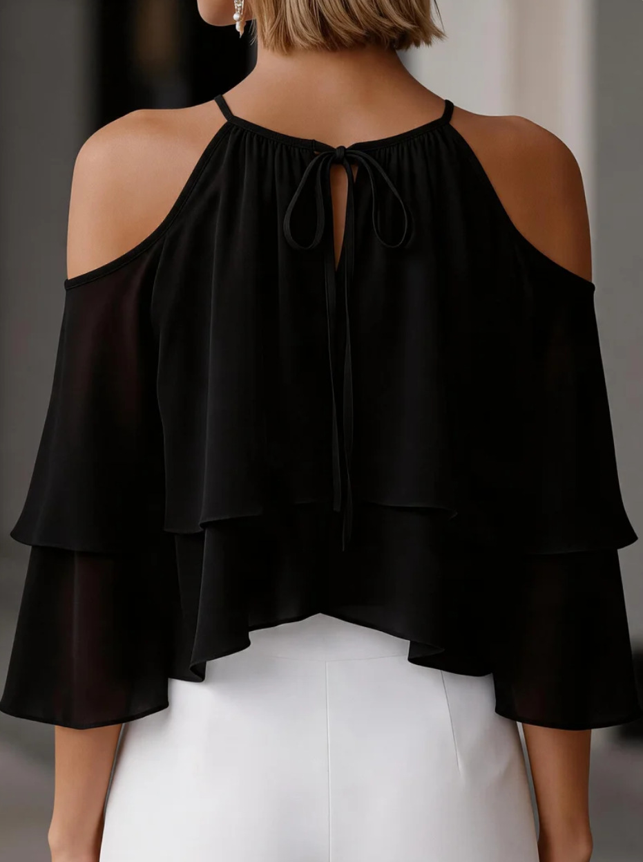 女性用コールドショルダーホルターブラウス、フリルレイヤードシ - Blouse Off Shoulder のレビューと価格