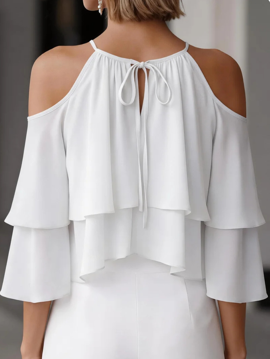 女性用コールドショルダーホルターブラウス、フリルレイヤードシ - Blouse Off Shoulder のレビューと価格