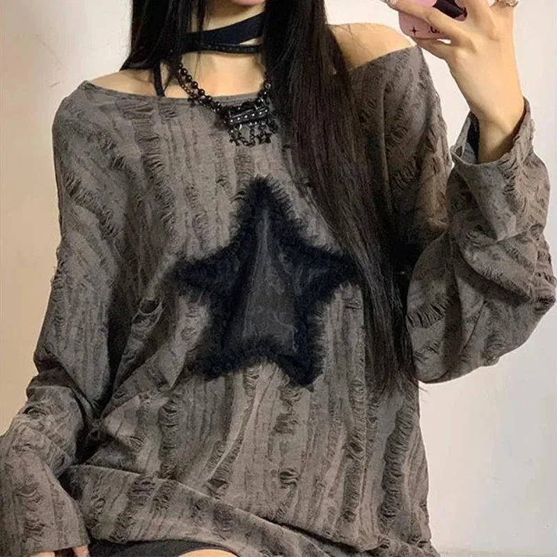 Y2K ホールスタープリント Tシャツ女性ファッションストリ - Blouse Off Shoulder のレビューと価格
