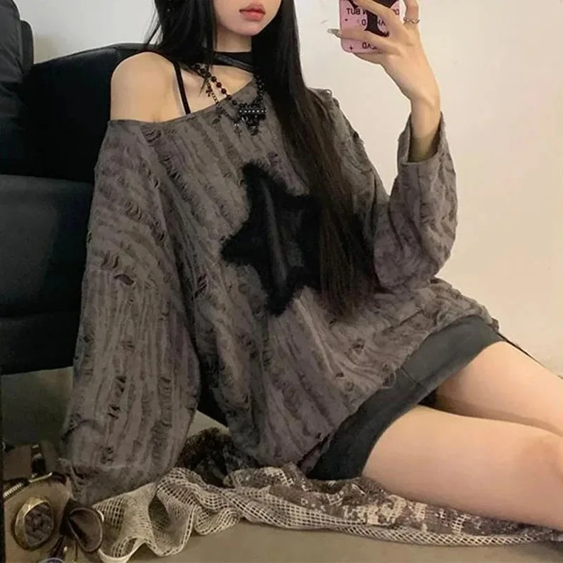 Y2K ホールスタープリント Tシャツ女性ファッションストリ - Blouse Off Shoulder のレビューと価格