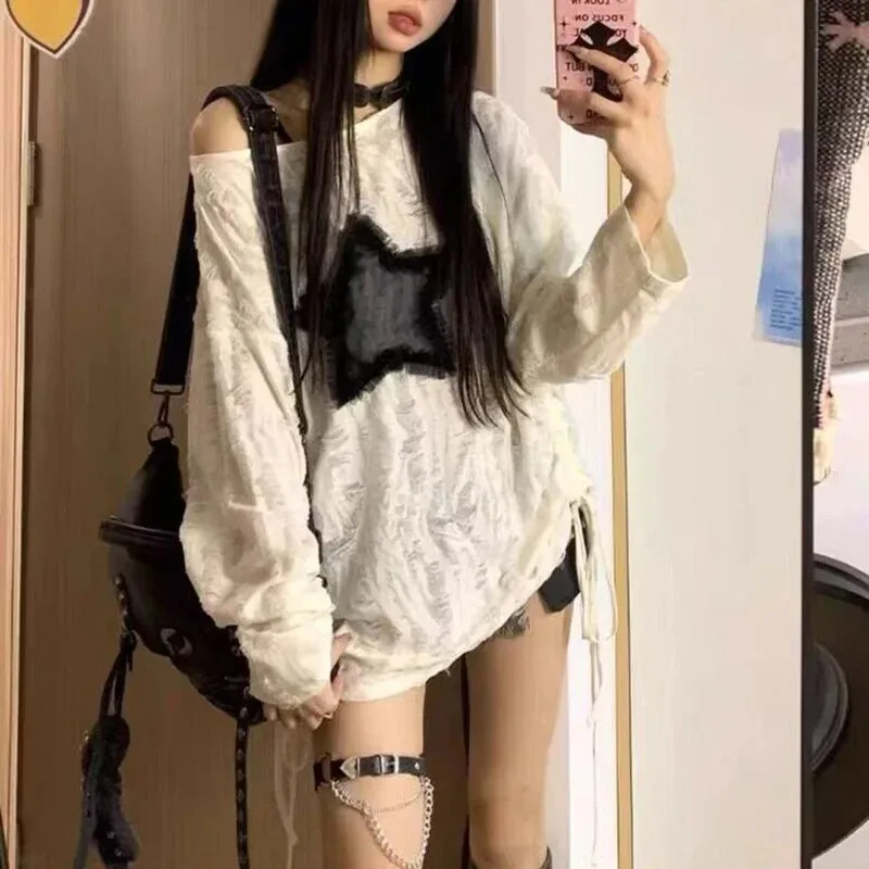 Y2K ホールスタープリント Tシャツ女性ファッションストリ - Blouse Off Shoulder のレビューと価格