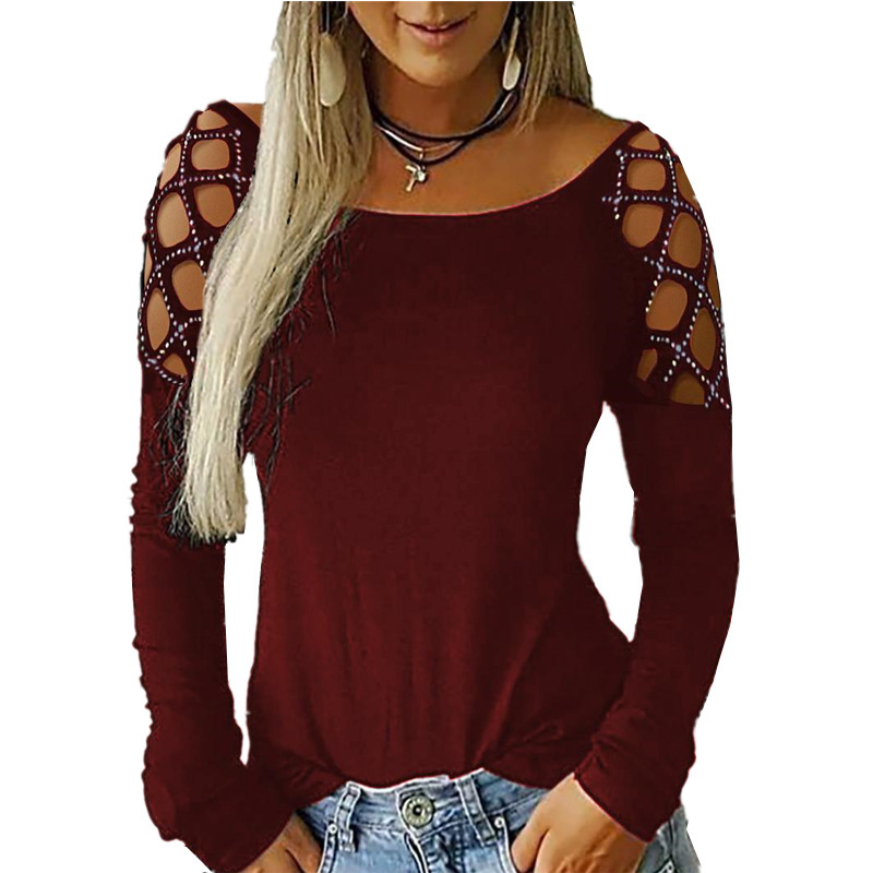 女性用オフショルダー長袖Tシャツ ラインストーン付き ホロー - Blouse Off Shoulder のレビューと価格